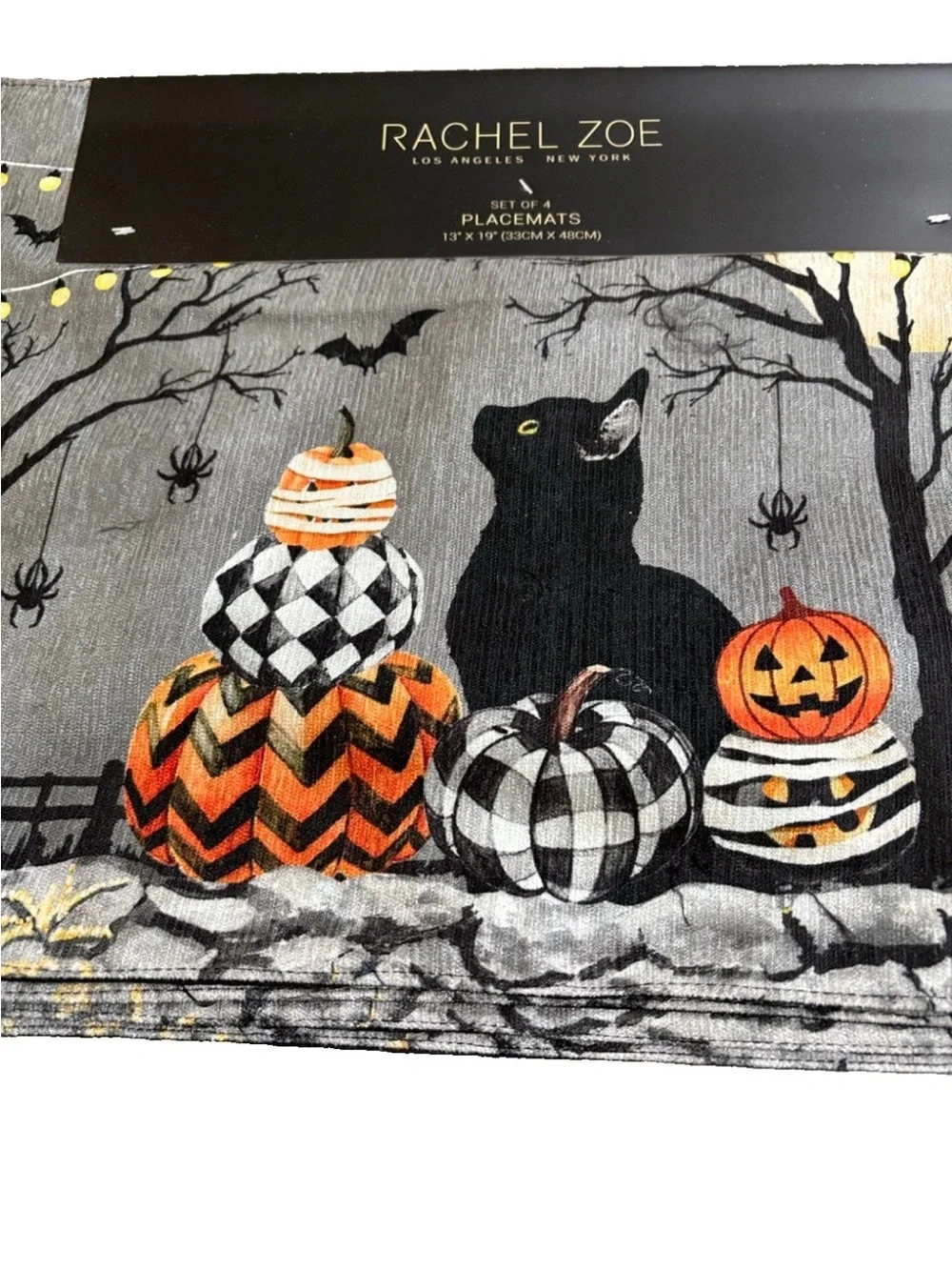RACHEL ZOE Set/4 Mackenzie-Childs Inspired Cat & Pumpkin Halloween Placemats NEW